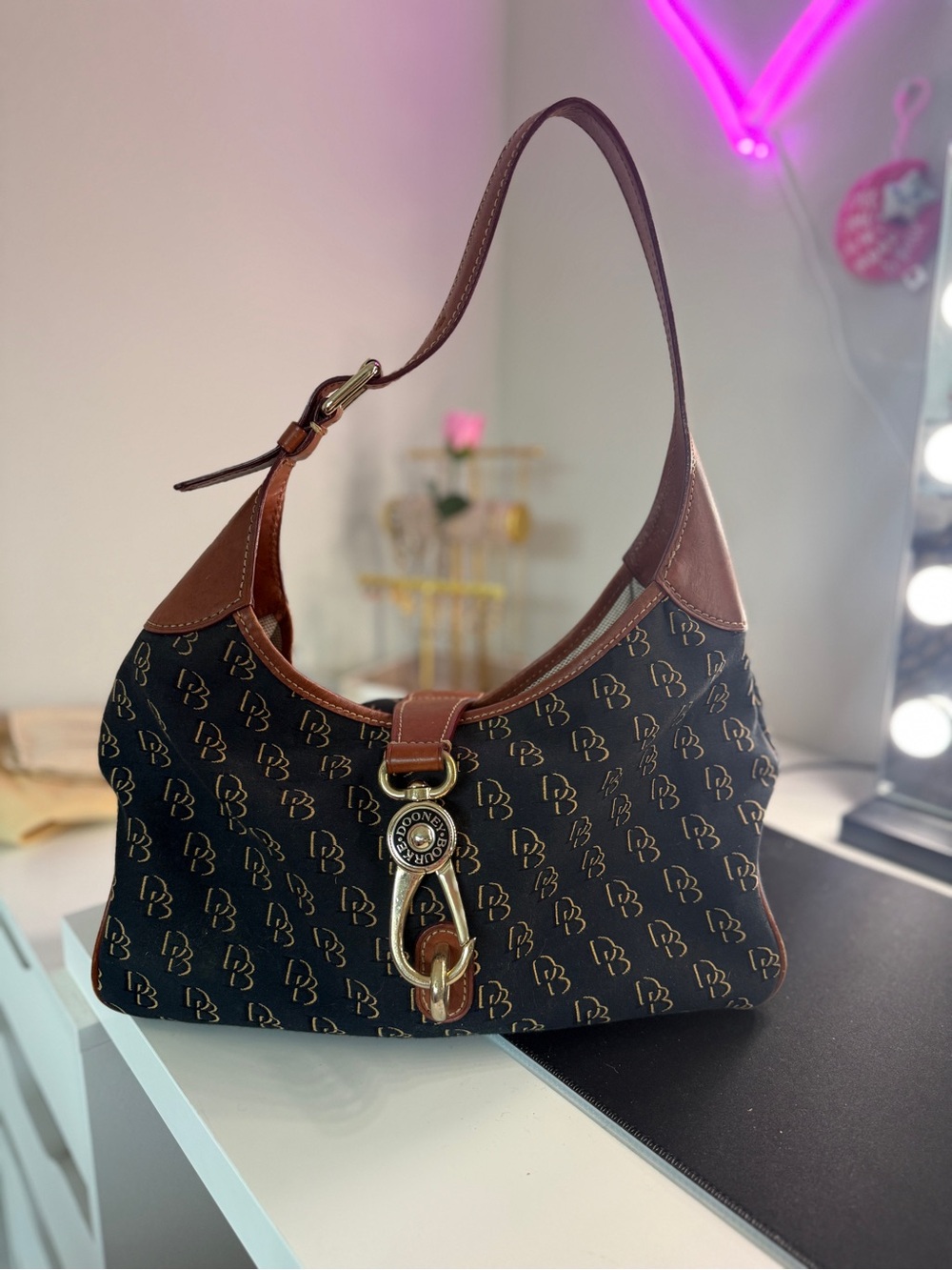 DOONEY & BOURKE Vintage Womens Medium Navy Monogram Canvas Hobo Bag Y2K